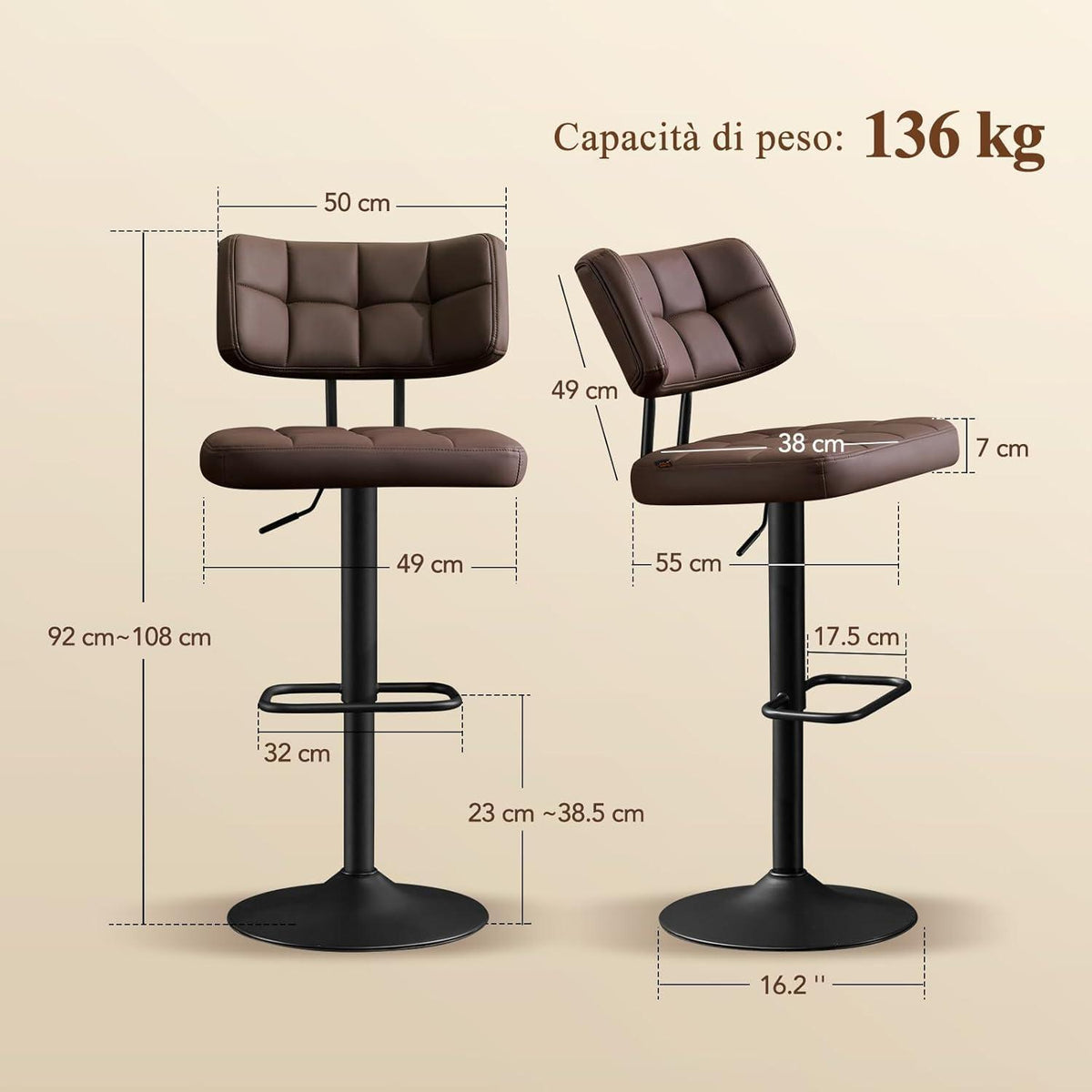 Barhocker Set 2x Höhenverstellbar PU-Leder Braun