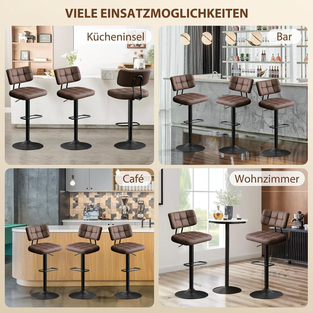 Barhocker Set 2x Höhenverstellbar PU-Leder Braun