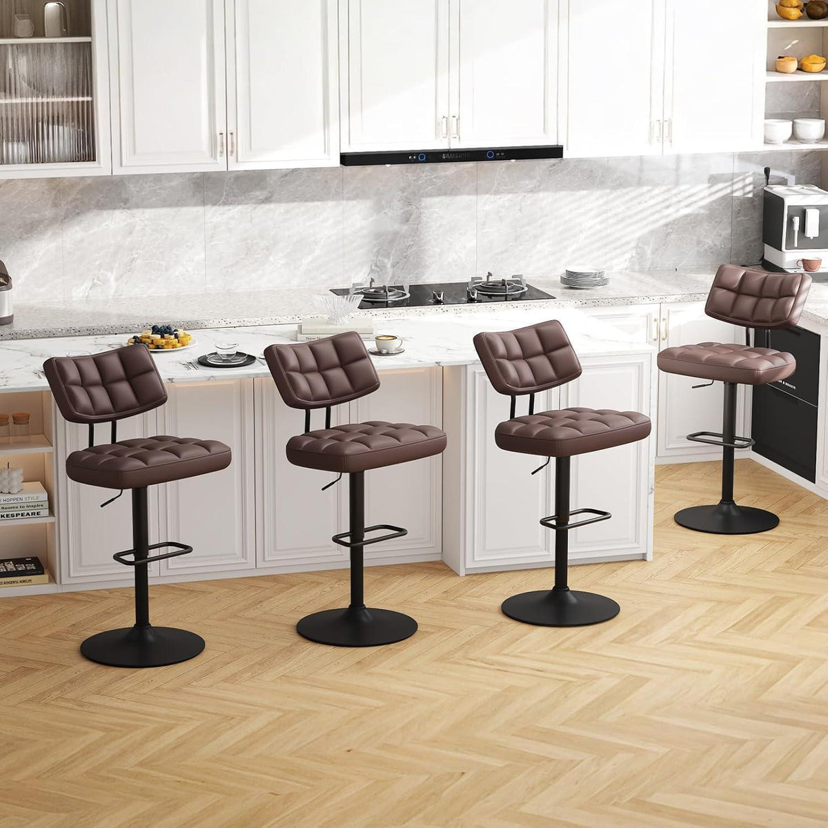 Barhocker Set 2x Höhenverstellbar PU-Leder Braun