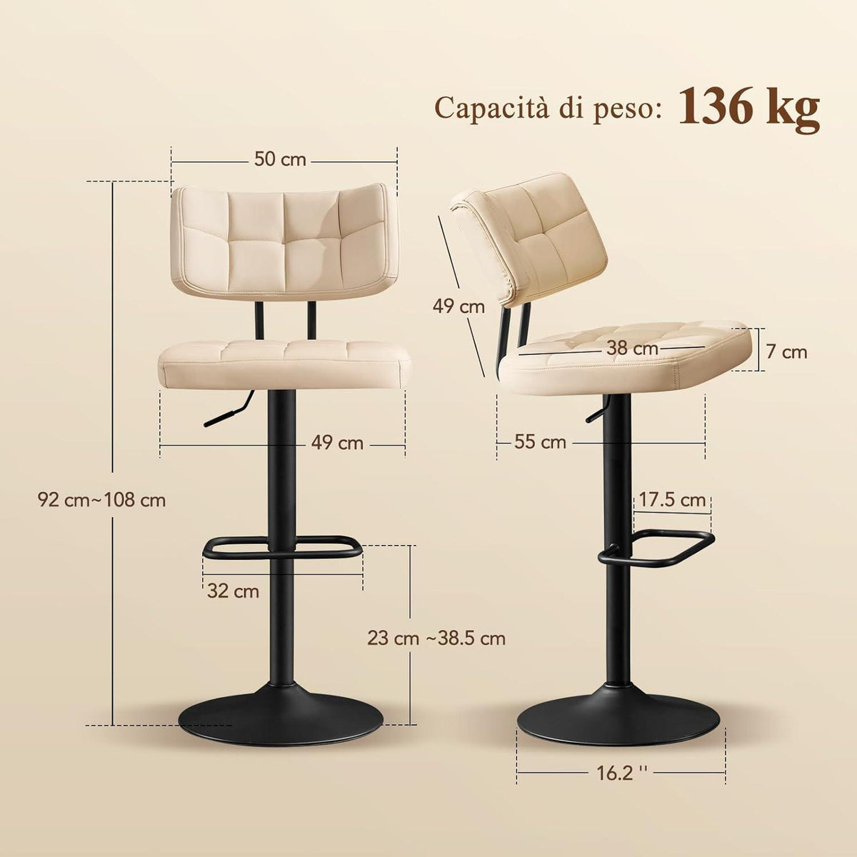 Barhocker Set 2er – Höhenverstellbar, Beige in Lederoptik