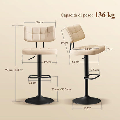 Barhocker Set 2er – Höhenverstellbar, Beige in Lederoptik
