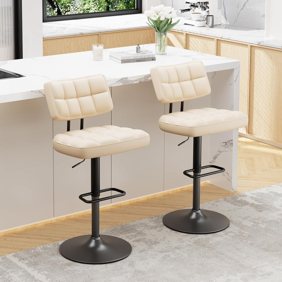 Barhocker Set 2er – Höhenverstellbar, Beige in Lederoptik