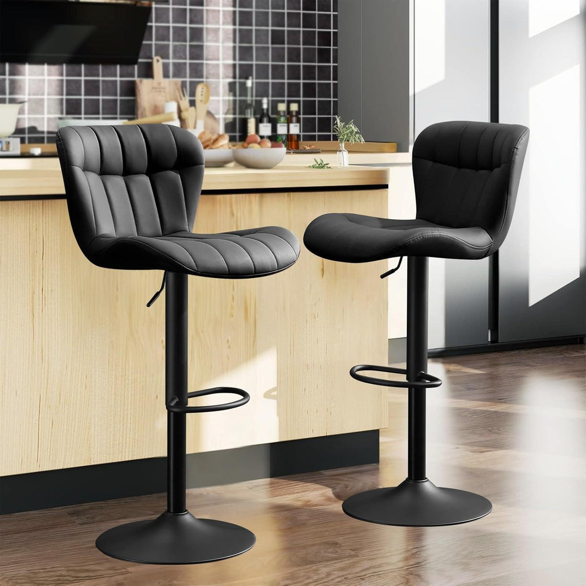 Barhocker Set 2x, Höhenverstellbar, Schwarz in Lederoptik