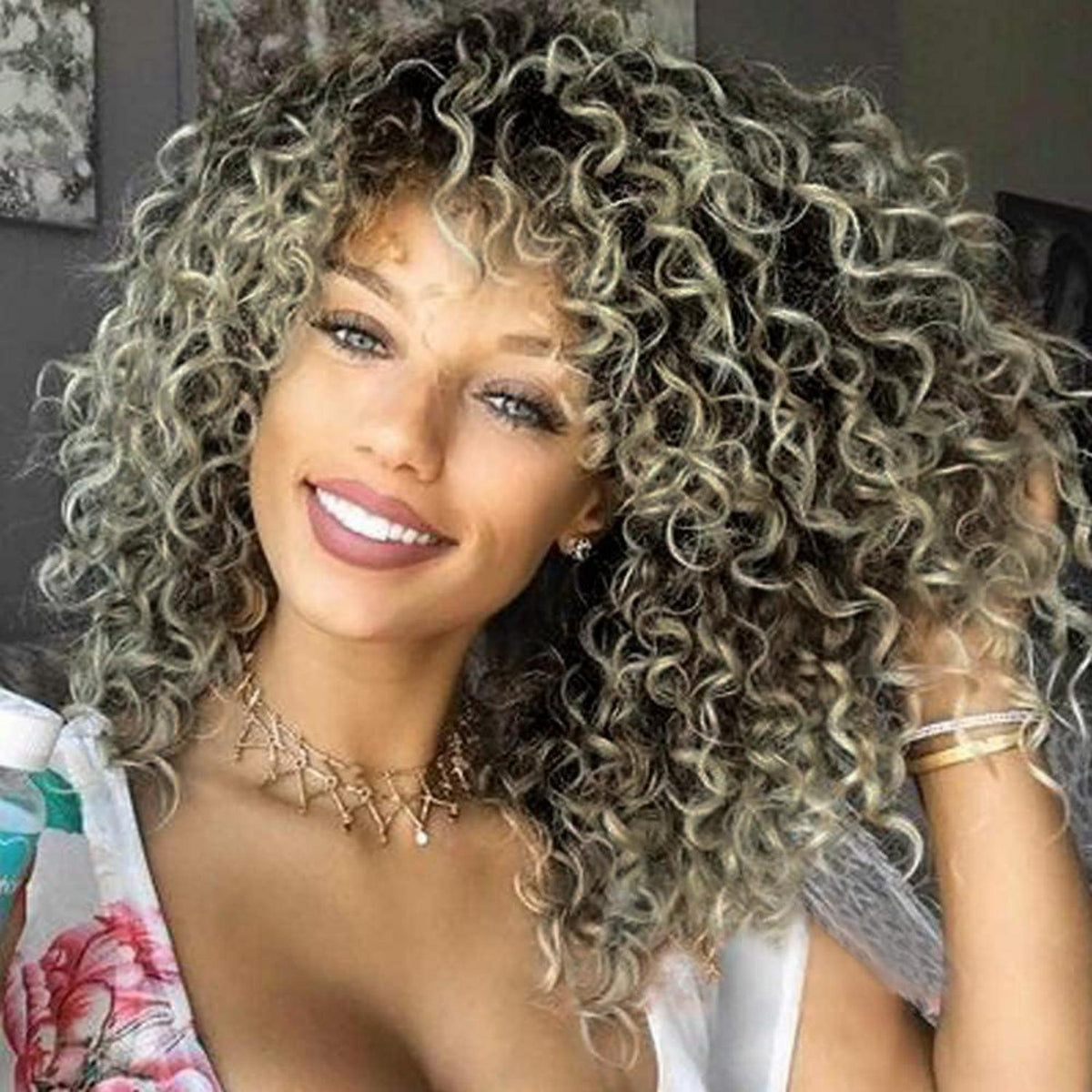 Lockige Afro Perücke Dunkelbraun Blond mit Pony – Schulterlang