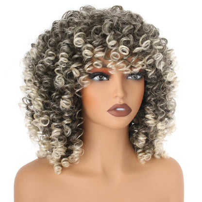 Lockige Afro Perücke Dunkelbraun Blond mit Pony – Schulterlang