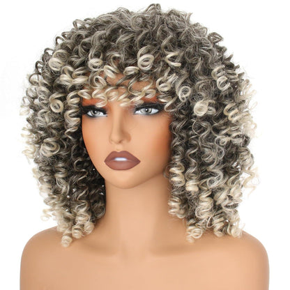 Lockige Afro Perücke Dunkelbraun Blond mit Pony – Schulterlang