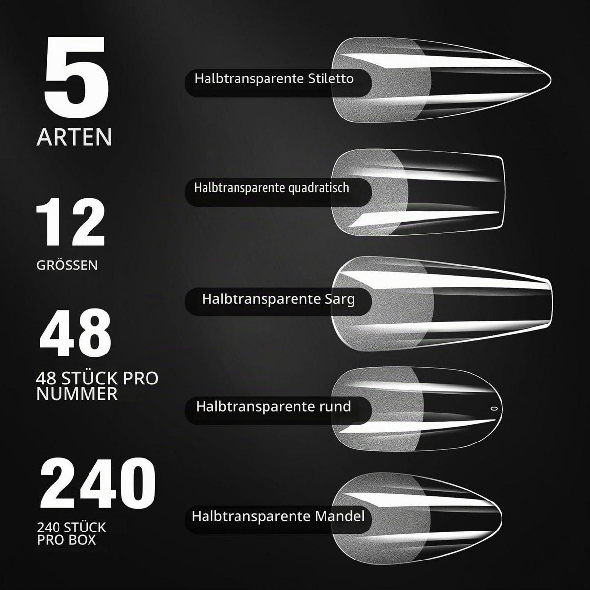 Künstliche Nägel Ballerina Almond 240 Stück Full Cover Nageltips