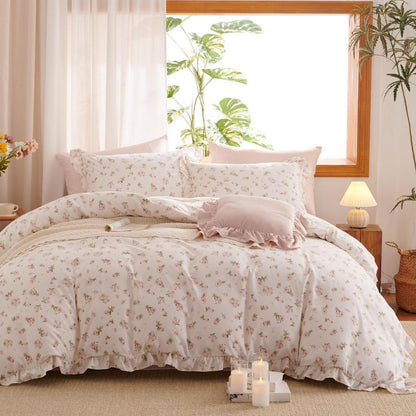Rüschen Bettwäsche Set Rosa Blumen 135x200/80x80