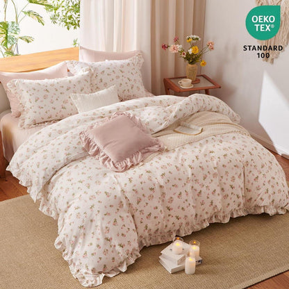 Rüschen Bettwäsche Set Rosa Blumen 135x200/80x80