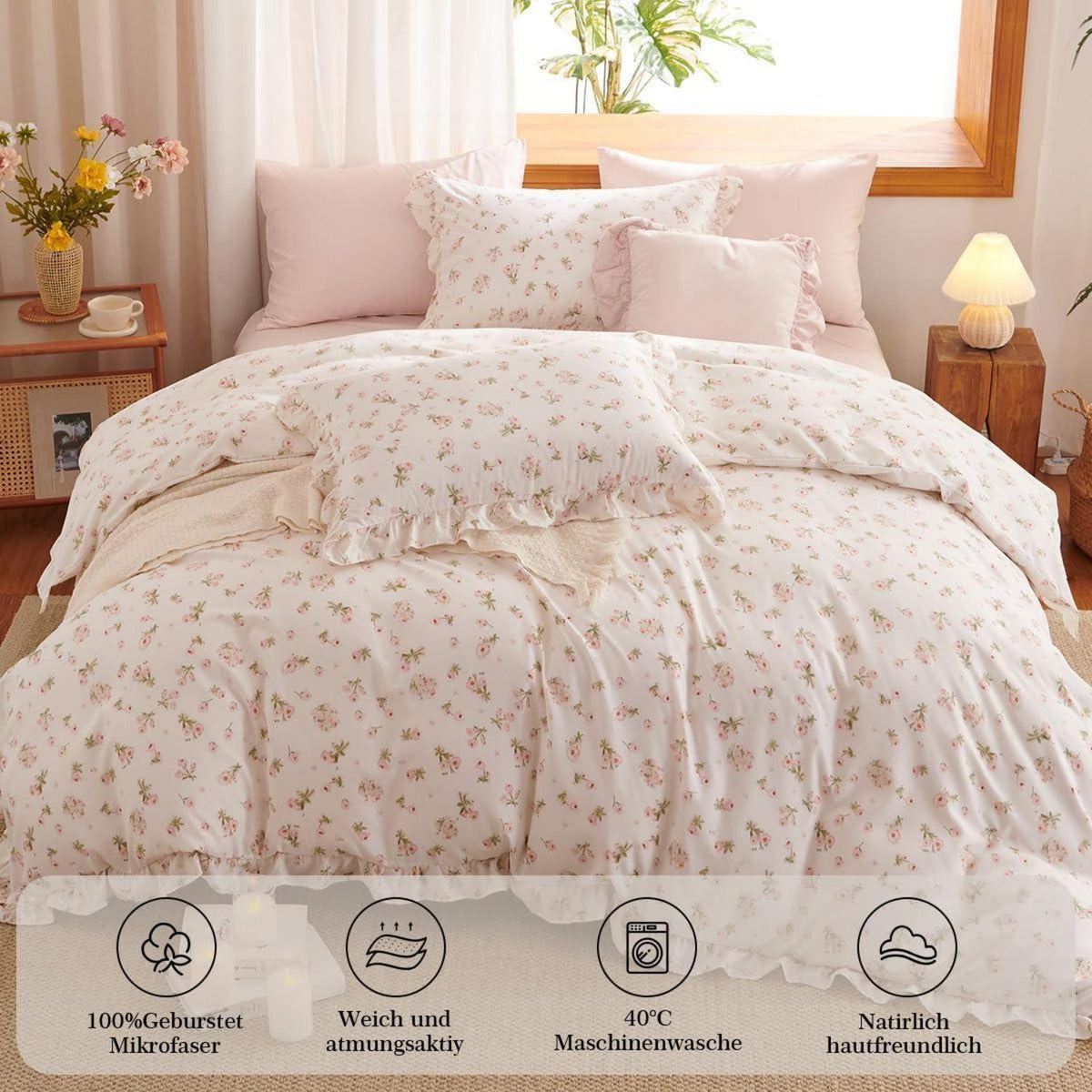 Rüschen Bettwäsche Set Rosa Blumen 135x200/80x80