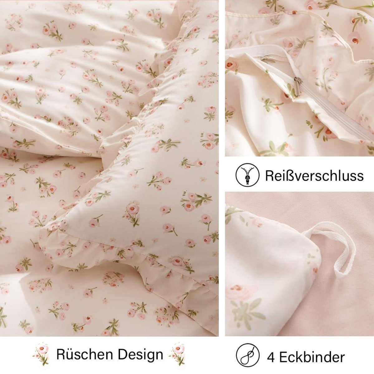 Rüschen Bettwäsche Set Rosa Blumen 135x200/80x80