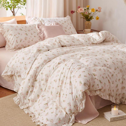 Bettwäsche-Set 135x200 Rosa Blumen mit Rüschen