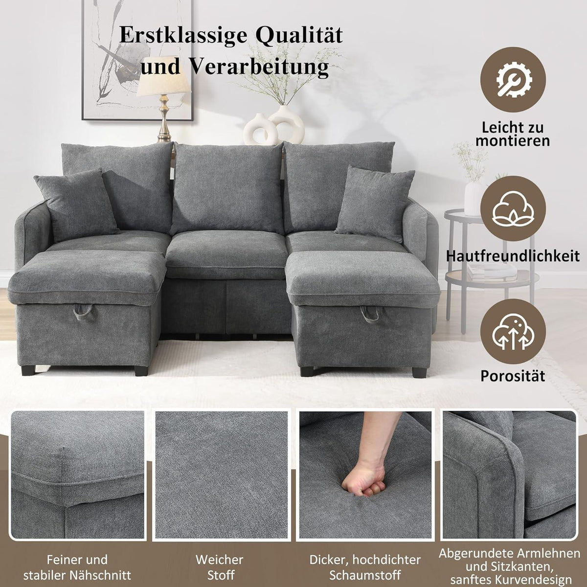 Multifunktionales Ecksofa mit Stauraum & Schlaffunktion – Dunkelgrau