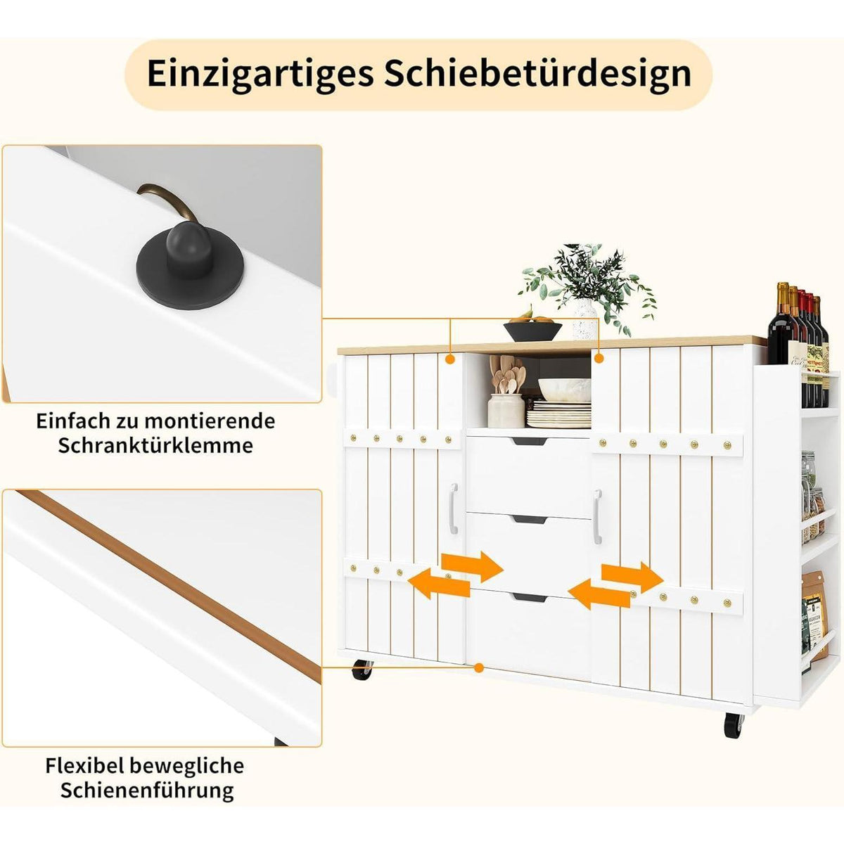 Kücheninsel mit ausziehbarer Arbeitsplatte & Stauraum Weiß