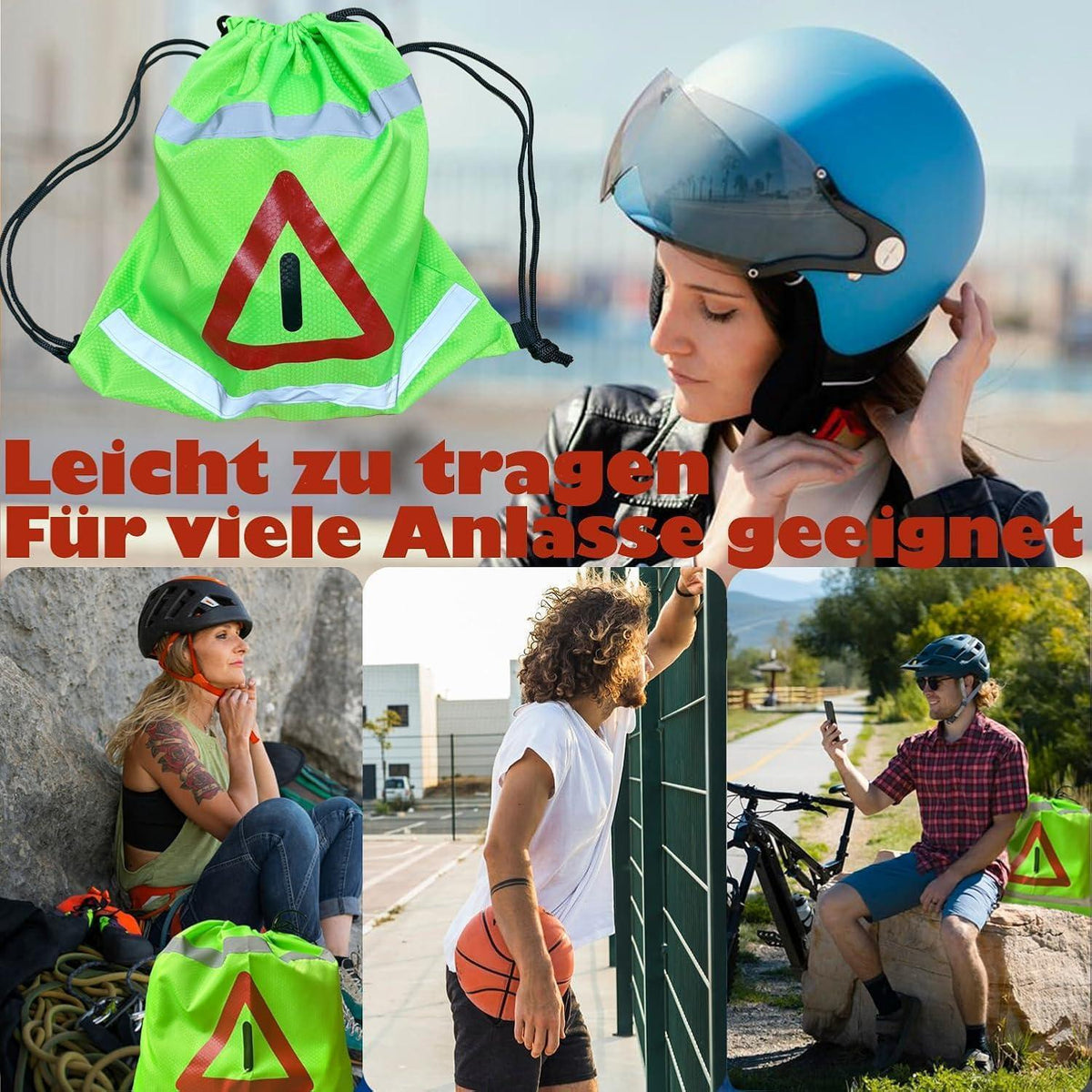 Helmtasche mit Kordelzug – Fluoreszierend & Warndreieck