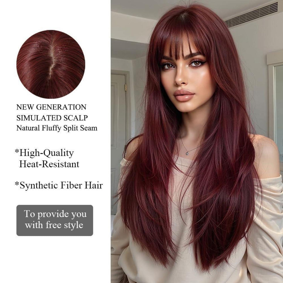 Weinrote Lange Perücke mit Pony Synthetisches Haar Hitzebeständig