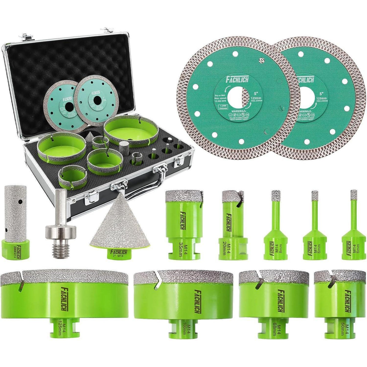 Diamant Fliesenbohrer Set 14tlg. 6-125mm mit Trennscheibe
