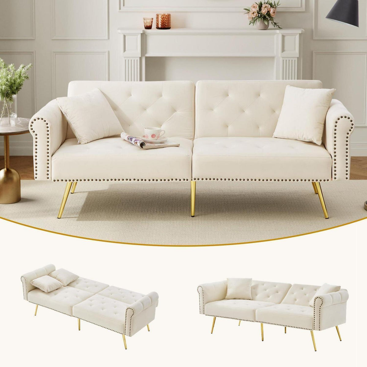 Zweisitzer Schlafsessel Beige Samt mit Verstellbarer Lehne