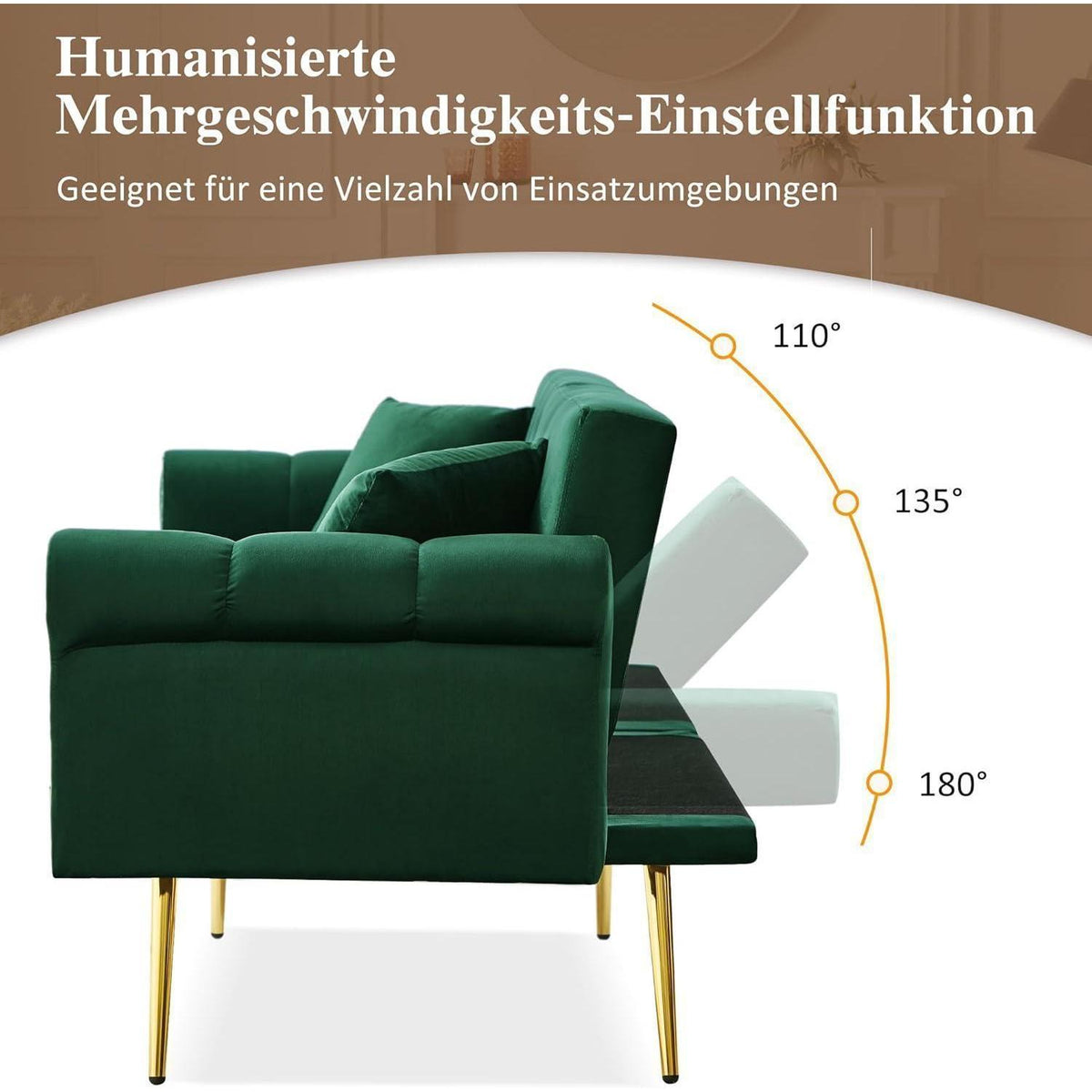 Zweisitzer Schlafsessel Grün, Samt Klappsofa mit Füßen
