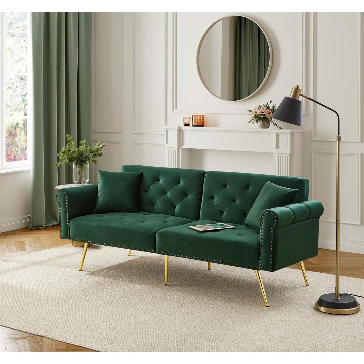 Zweisitzer Schlafsessel Grün, Samt Klappsofa mit Füßen