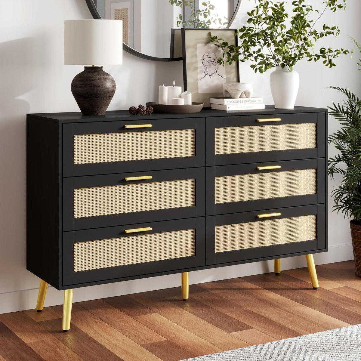 Rattan Kommode mit 6 Schubladen & goldenen Akzenten