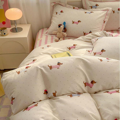 Dackel Bettwäsche 135x200 Rosa Gestreift mit Dackelmotiv