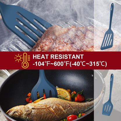 Silikon Pfannenwender Set, Hitzebeständig, Geschlitzt, 2 Stück, Dunkelblau