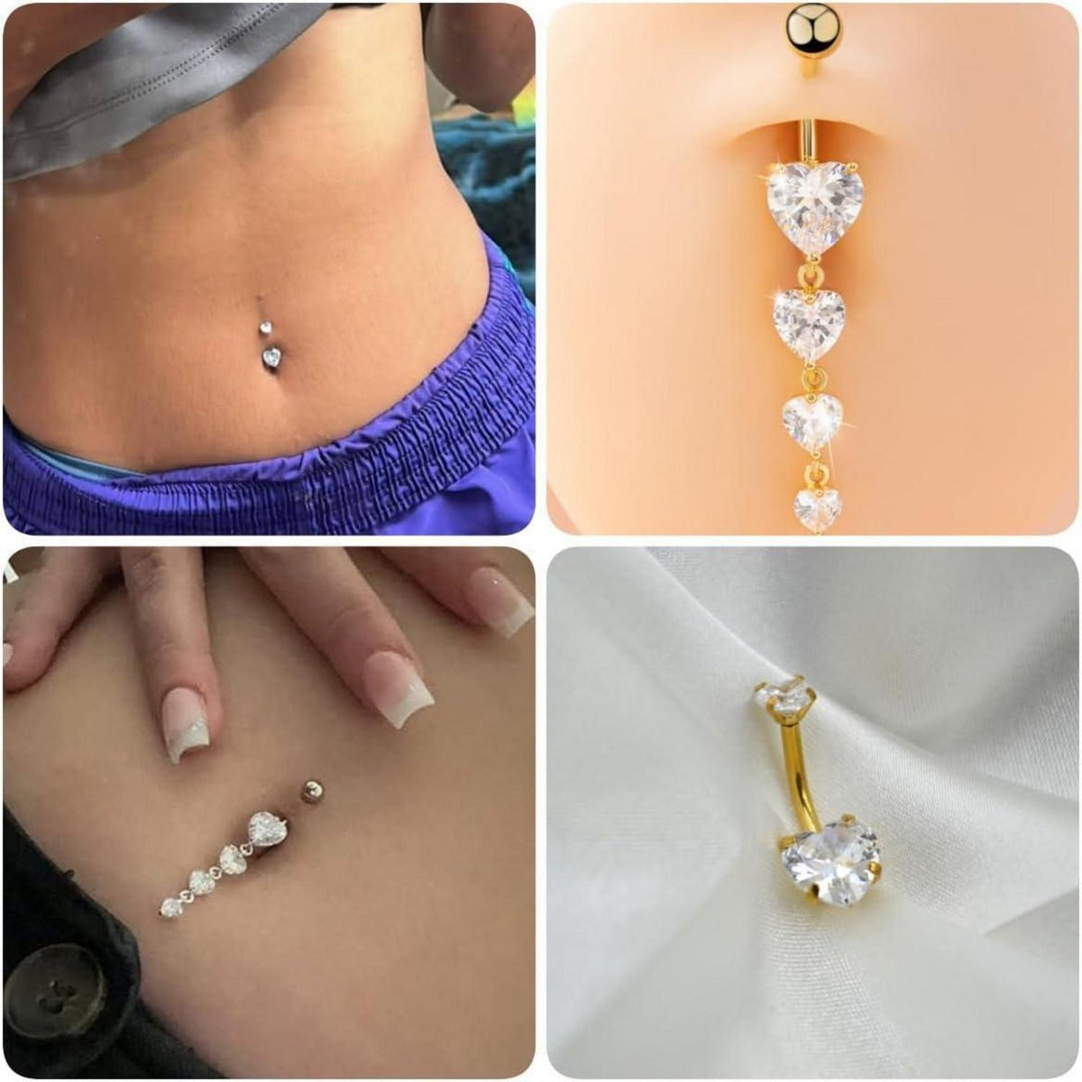 Bauchnabelpiercing 2er Set Herz Anhänger 10mm 14G Edelstahl Silber Gold