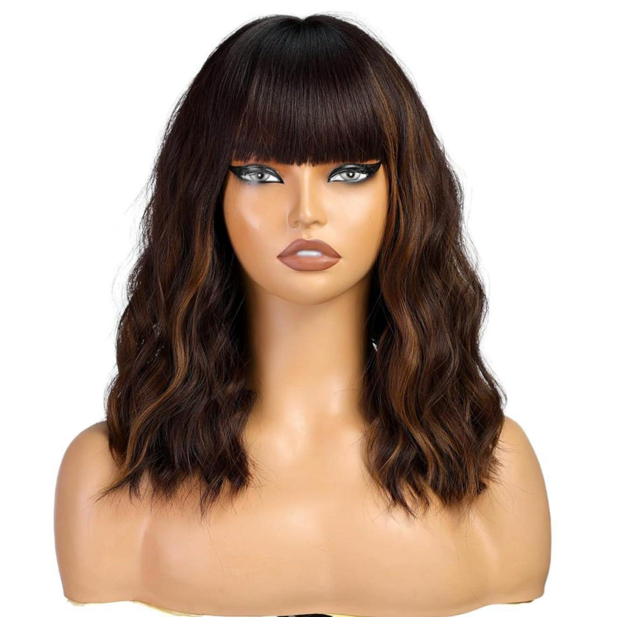 Dunkelbraune Bob-Perücke mit blonden Highlights, gewellt