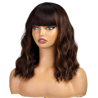 Dunkelbraune Bob-Perücke mit blonden Highlights, gewellt
