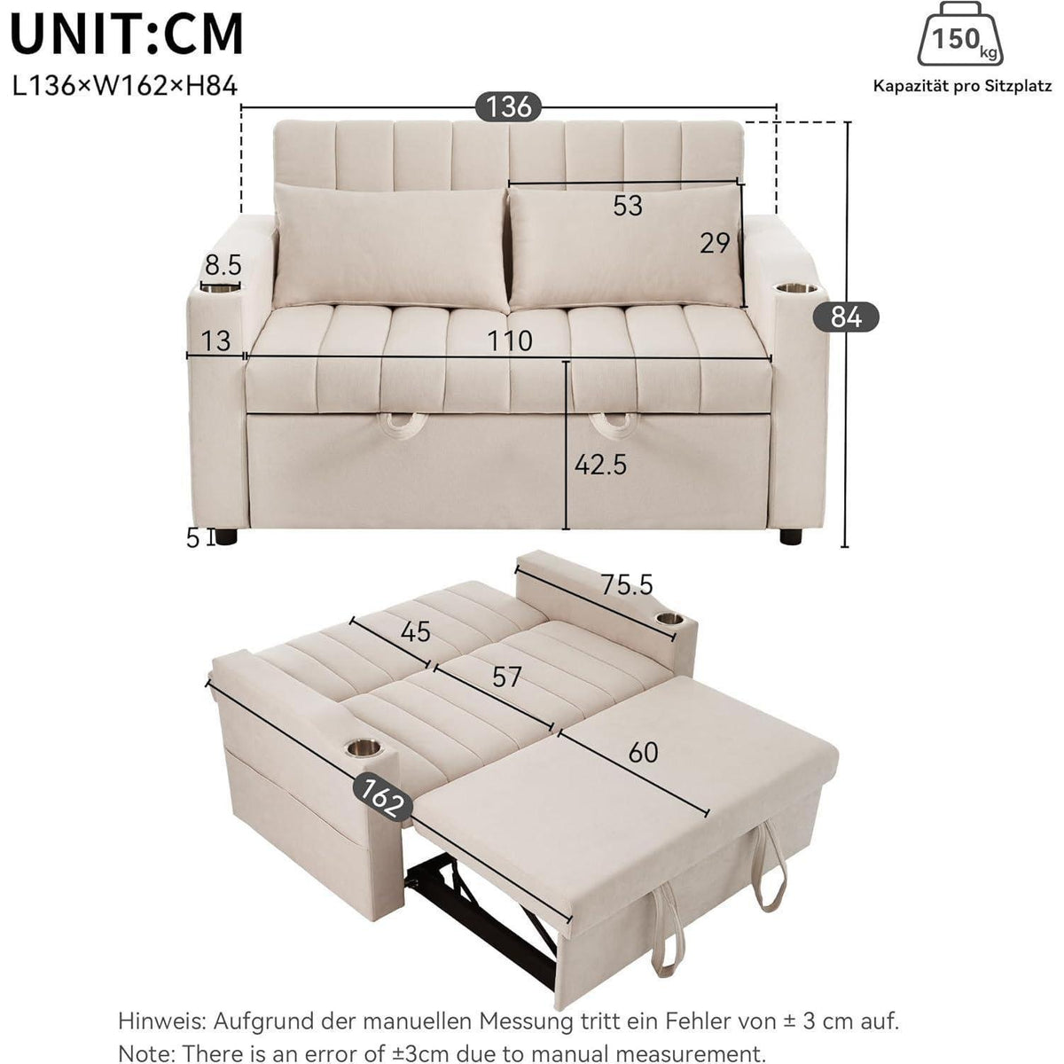 Modernes Schlafsofa mit Getränkehaltern & Kissen – Beige