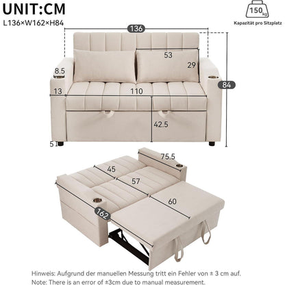 Modernes Schlafsofa mit Getränkehaltern & Kissen – Beige
