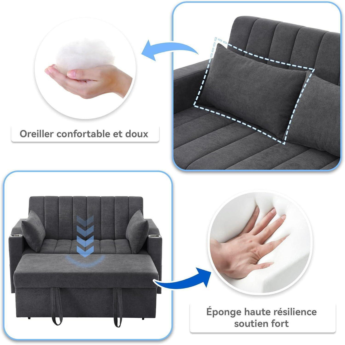 Modernes Schlafsofa mit Getränkehaltern & Kissen – Grau