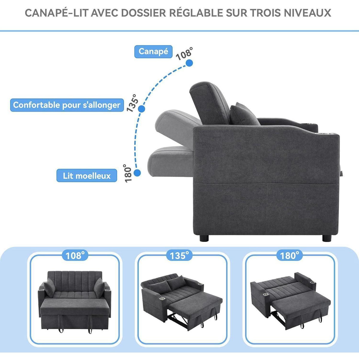 Modernes Schlafsofa mit Getränkehaltern & Kissen – Grau