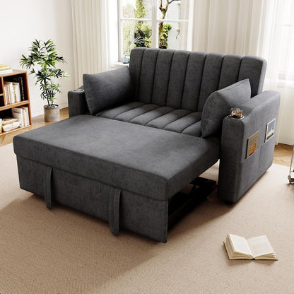 Modernes Schlafsofa mit Getränkehaltern & Kissen – Grau