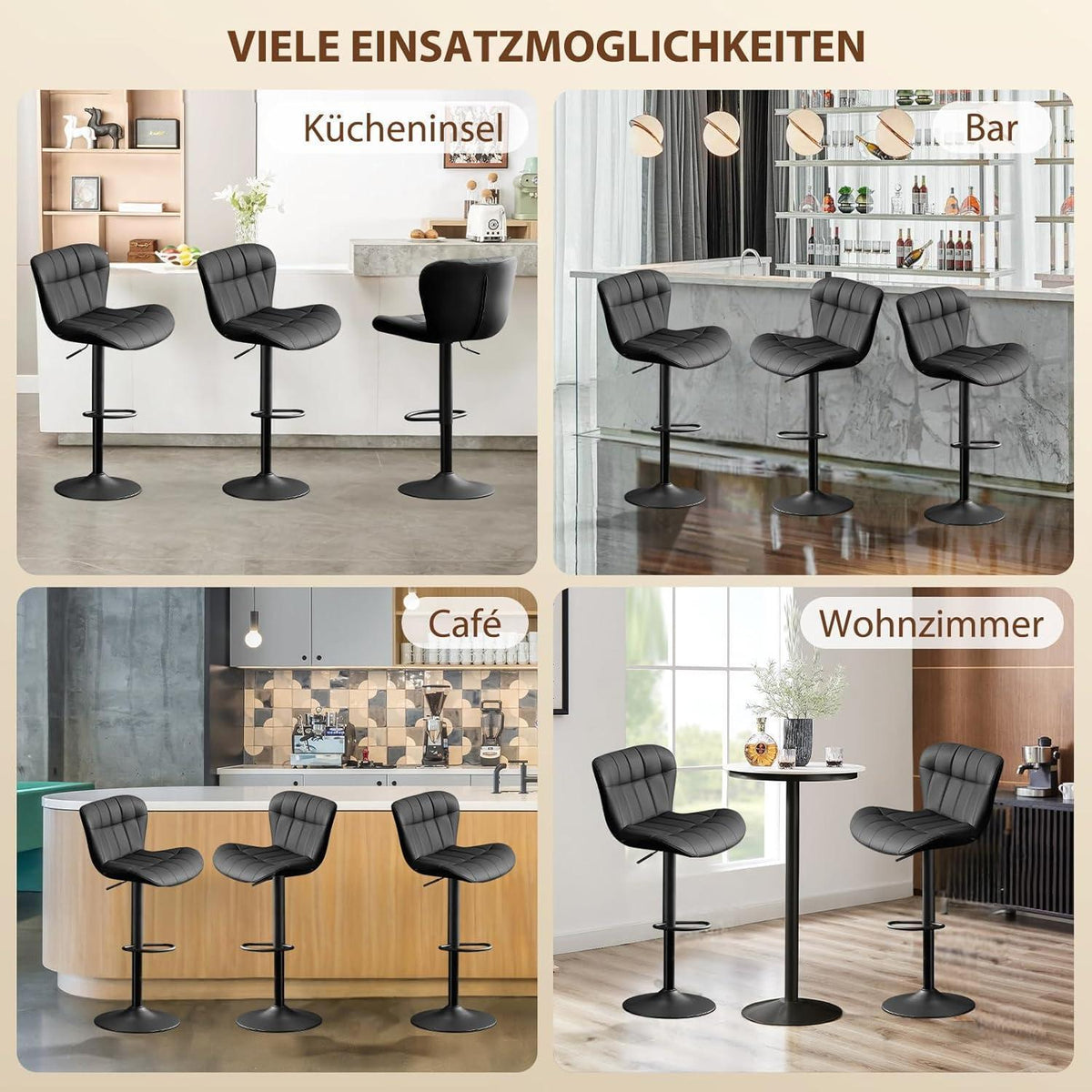 Barhocker Set 4er – Höhenverstellbar, Schwarz in Lederoptik