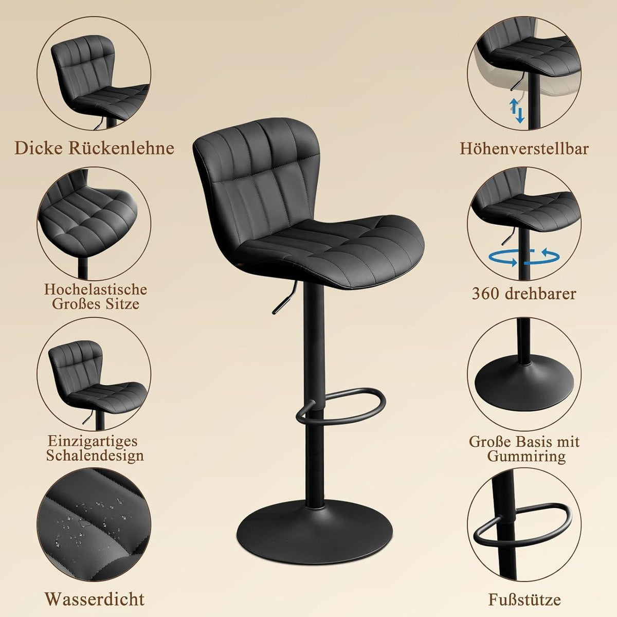 Barhocker Set 4er – Höhenverstellbar, Schwarz in Lederoptik