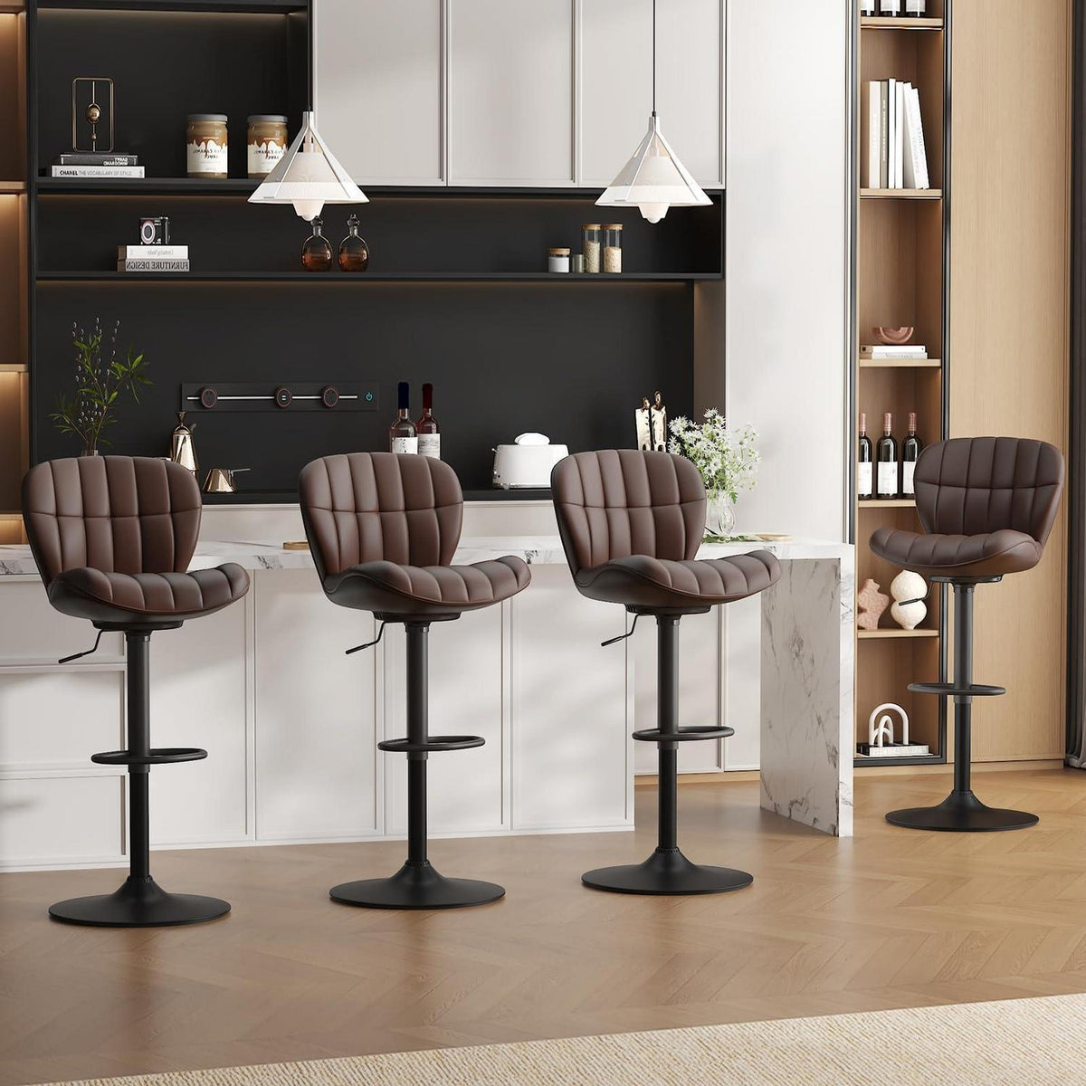 Barhocker Set 4er – Höhenverstellbar, Braun, PU-Leder
