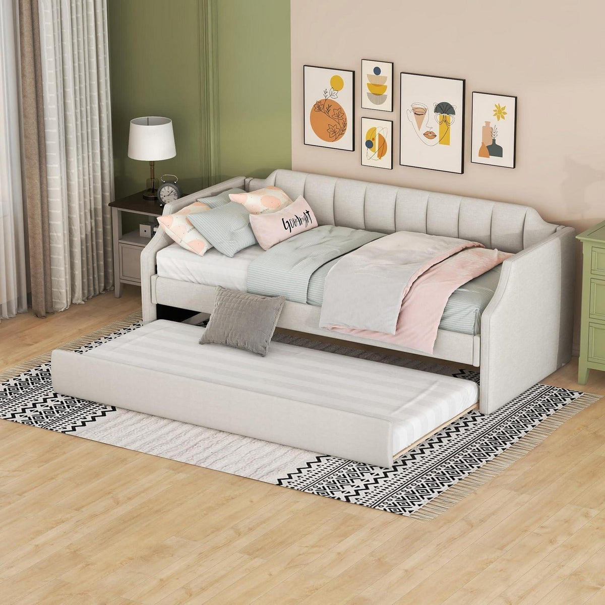 Tagesbett 90x200 mit Rollbett, Beige