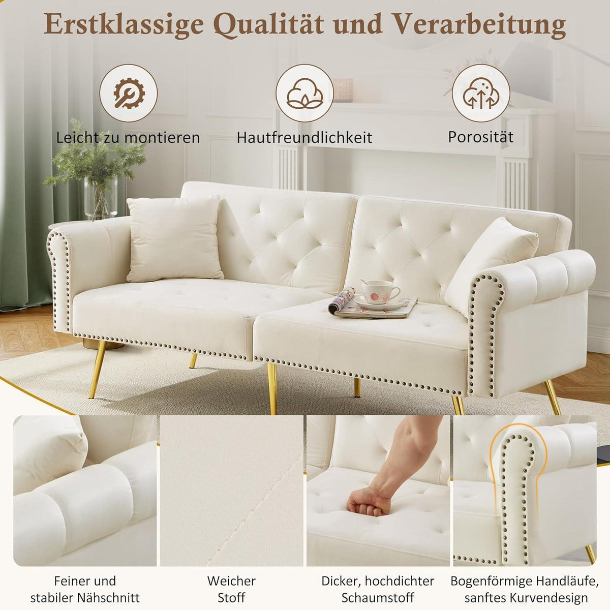 Modernes Schlafsofa mit Samtbezug & verstellbarer Rückenlehne (Beige)