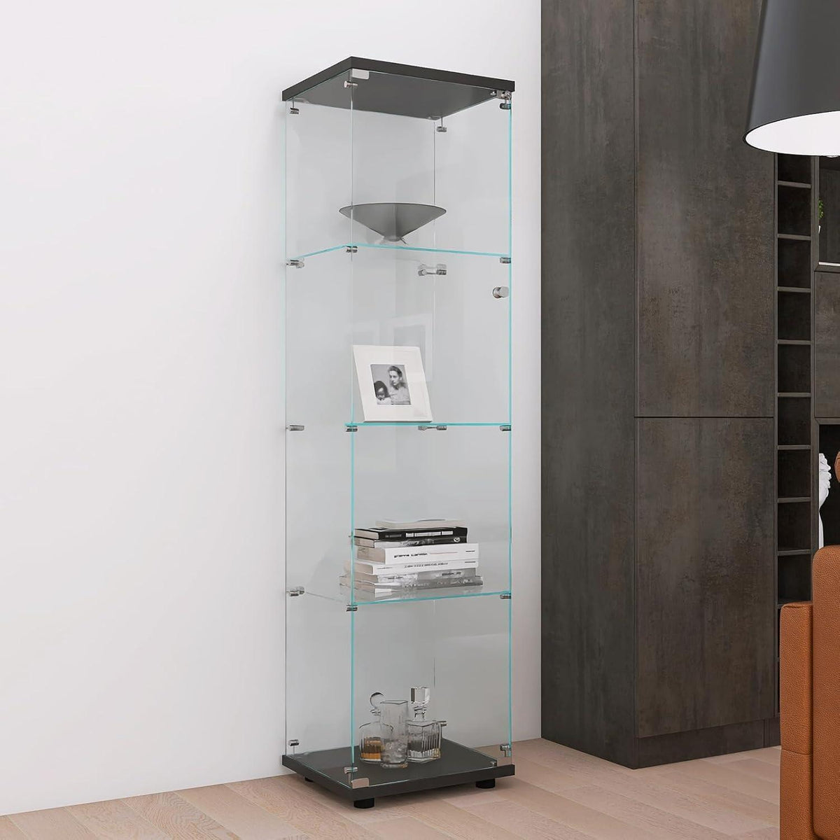 Glasvitrine mit Schloss | 4 Ebenen, Schwarz