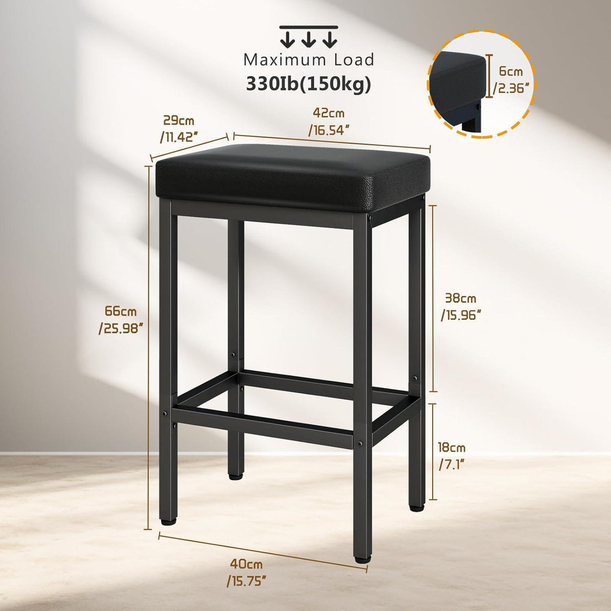 Moderner Barhocker 4er Set – Schwarz, 66 cm Höhe