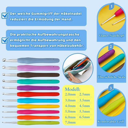 Häkelnadel Set 11 Größen mit Zubehör für Anfänger & Profis