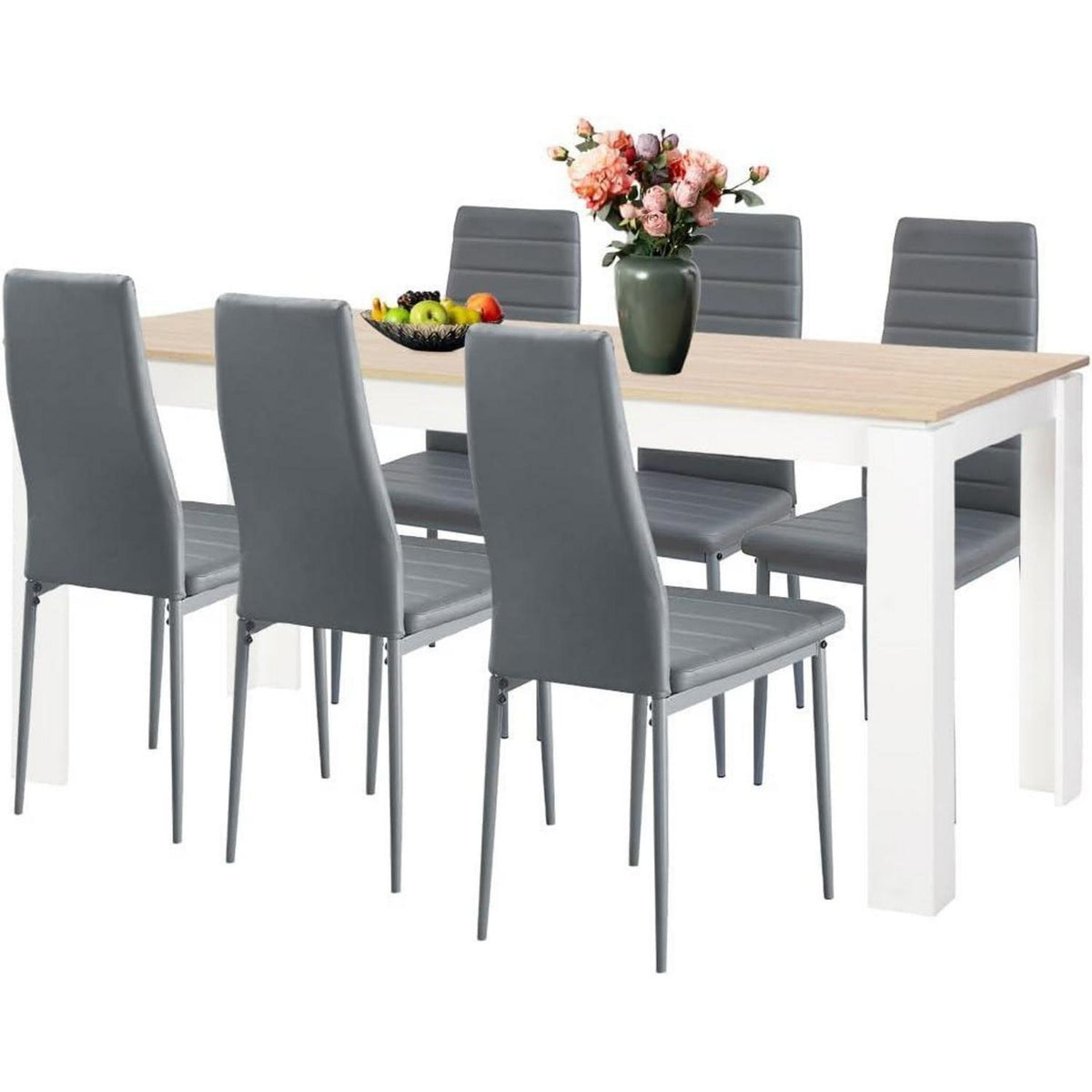 Esszimmergruppe Eiche-Weiß 160cm mit 6 Grau Stühlen in Lederoptik
