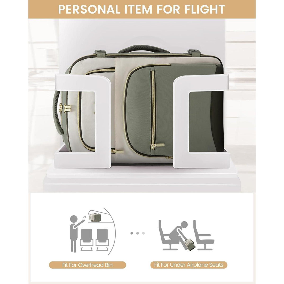Handgepäck Rucksack 40L Flugzeug mit Laptopfach 17.3 Zoll Bohnengrün-beige