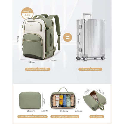Handgepäck Rucksack 40L Flugzeug mit Laptopfach 17.3 Zoll Bohnengrün-beige