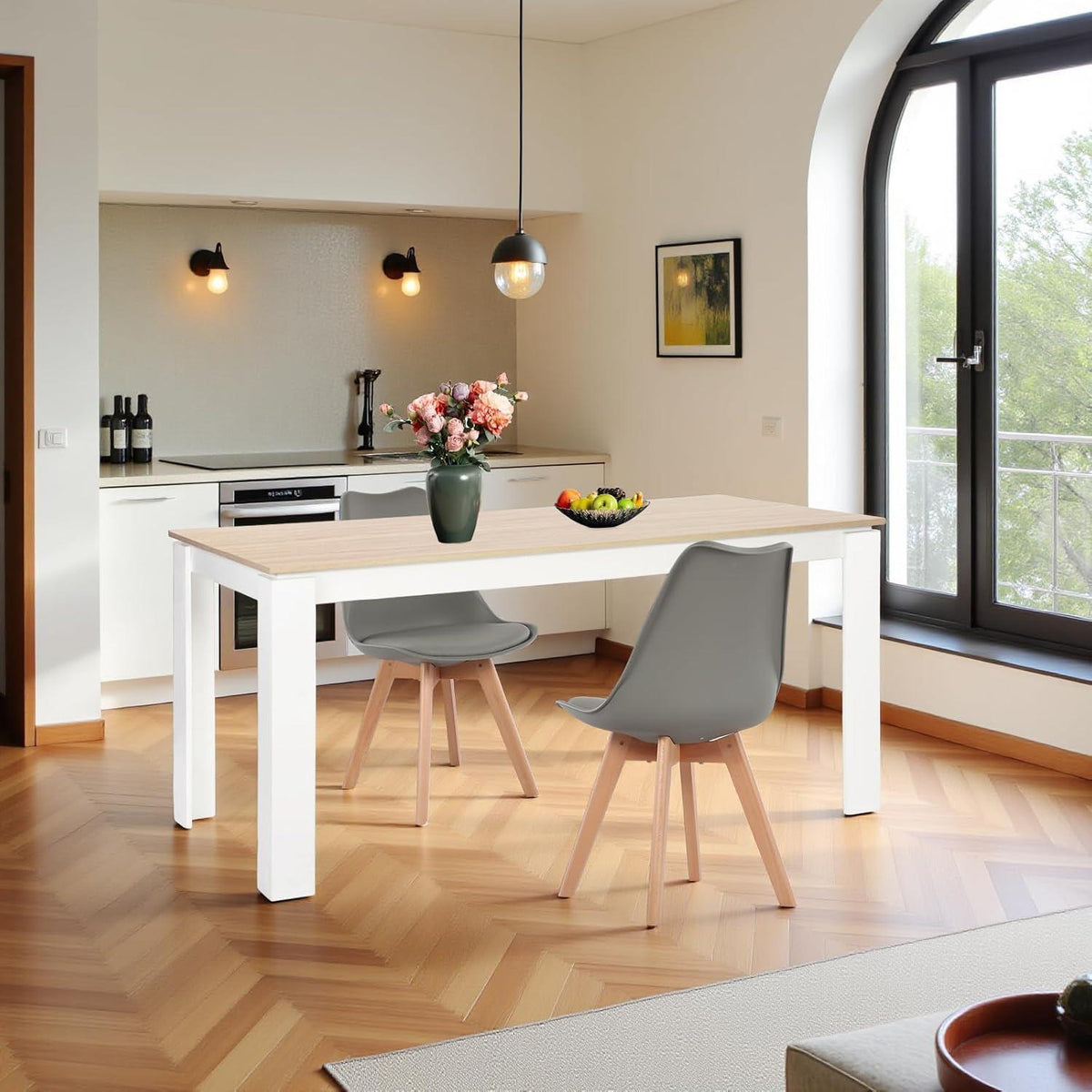 Esszimmergruppe 160cm Eiche-Weiß mit 2 Grau Stühlen