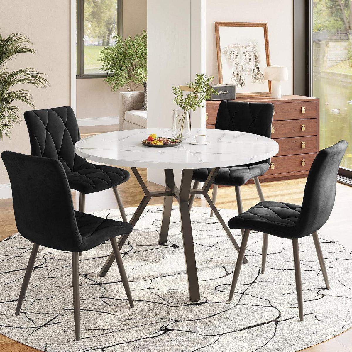 Runder Esstisch Set mit 4 Samtstühlen – Modernes Esszimmer Möbel