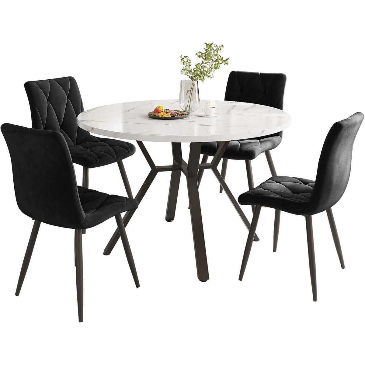 Runder Esstisch Set mit 4 Samtstühlen – Modernes Esszimmer Möbel