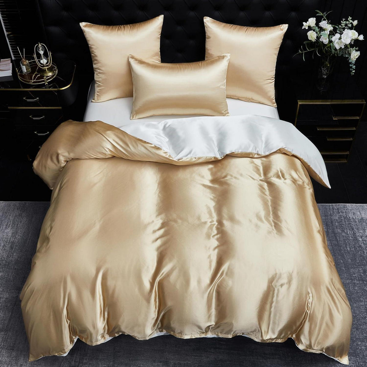 Satin Bettwäsche Set 200x220 Beige/Weiß – Deluxe Wendebettwäsche